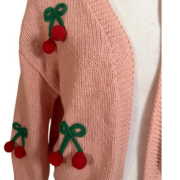 Anthropologie Luna Ivy Pink 3D Cherry Knit Cardigan Sweater Small Chunky Spring - Picture 12 of 12